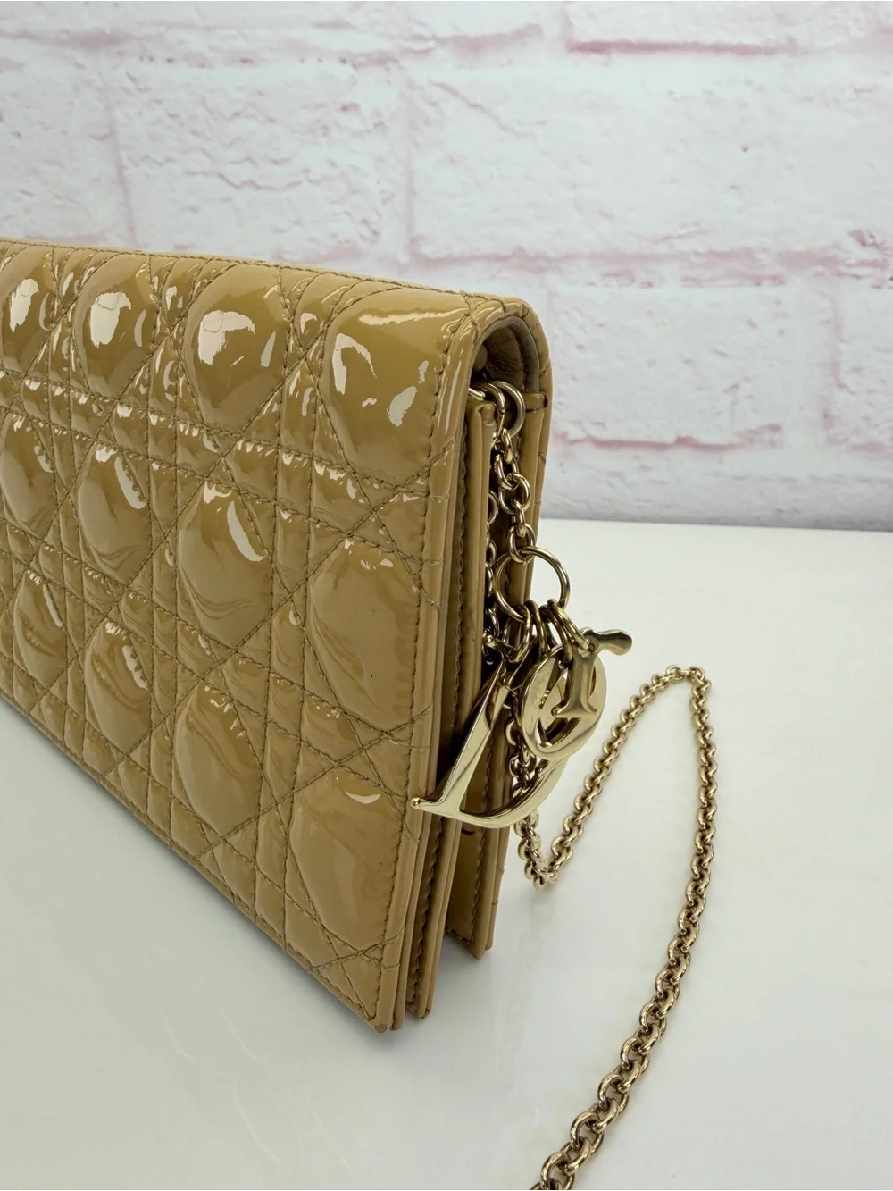 Christian Dior Patent Cannage Lady Dior Convertible Clutch Beige